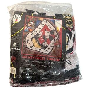 Vintage Disney Mickey Mouse & Co Faces Throw Fringed Blanket Cotton Never Opened